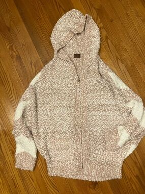 POL Hooded Sherpa Zip-Up Sweater in Blush and Cream